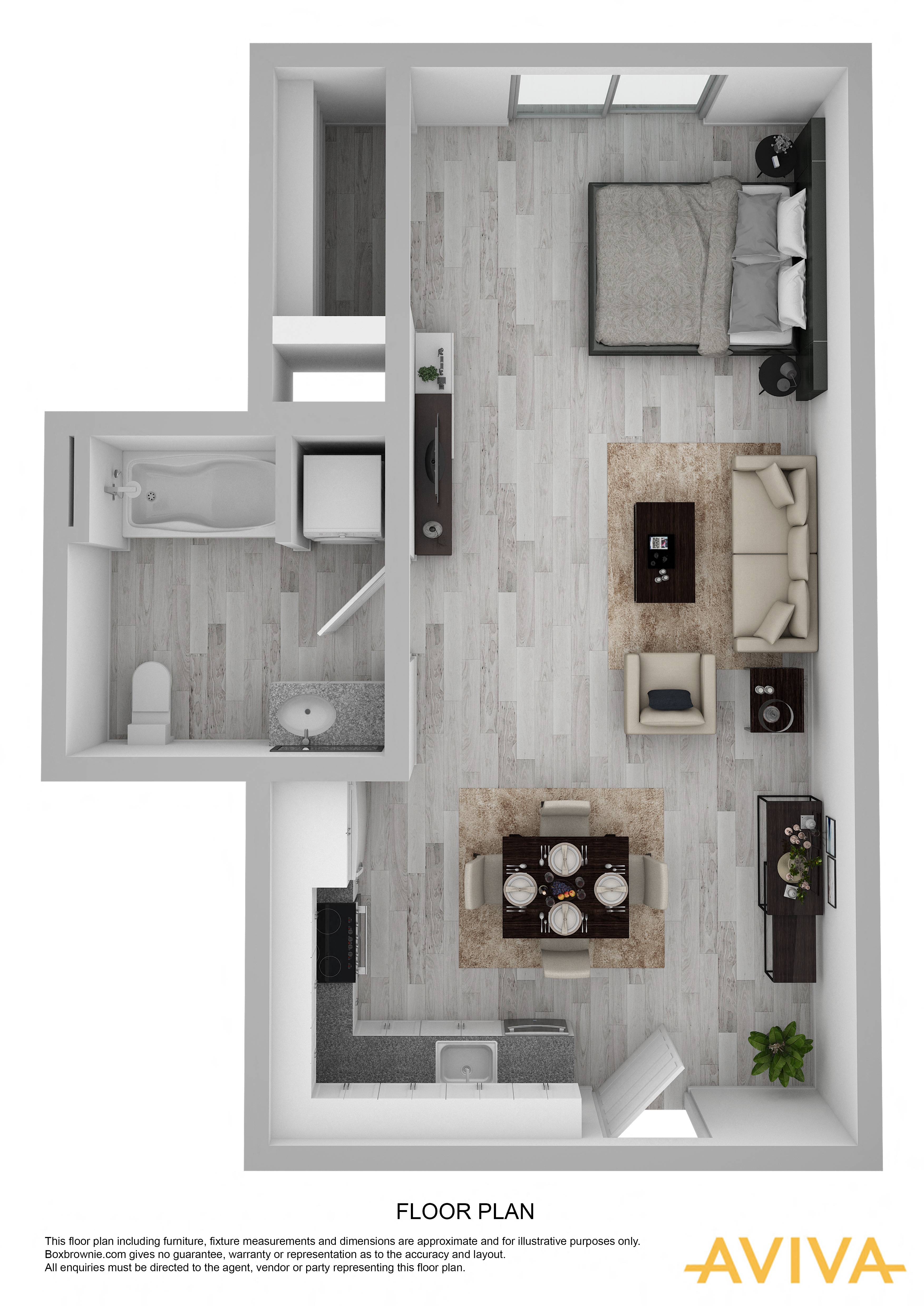 studio apartment floor plan at AVIVA Apartments
